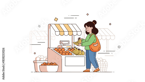 Young caucasian female shopping for fresh fruit at outdoor market
