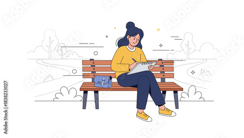 Young female cartoon character drawing on park bench with trees and pathways