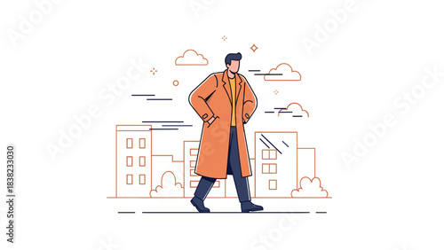 Stylish male walking in urban setting with skyline and clouds