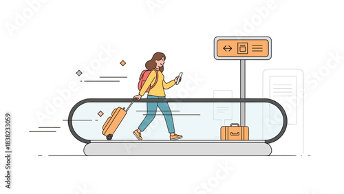 Young caucasian female traveler on moving walkway with luggage using smartphone