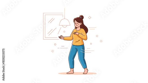 Young caucasian female dancing joyfully at home illustration with cozy decor