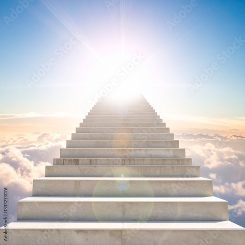 暗く静かな空間の中に、空へとまっすぐ伸びる光の階段。
柔らかな発光と青白い光が、ミニマルで幻想的な印象を演出。