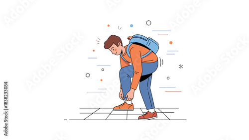 Young caucasian male tying shoe with backpack in minimalist design