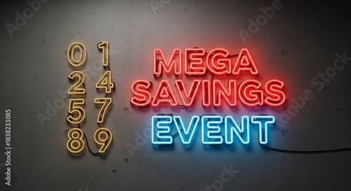 Concrete wall with neon numerals and word 