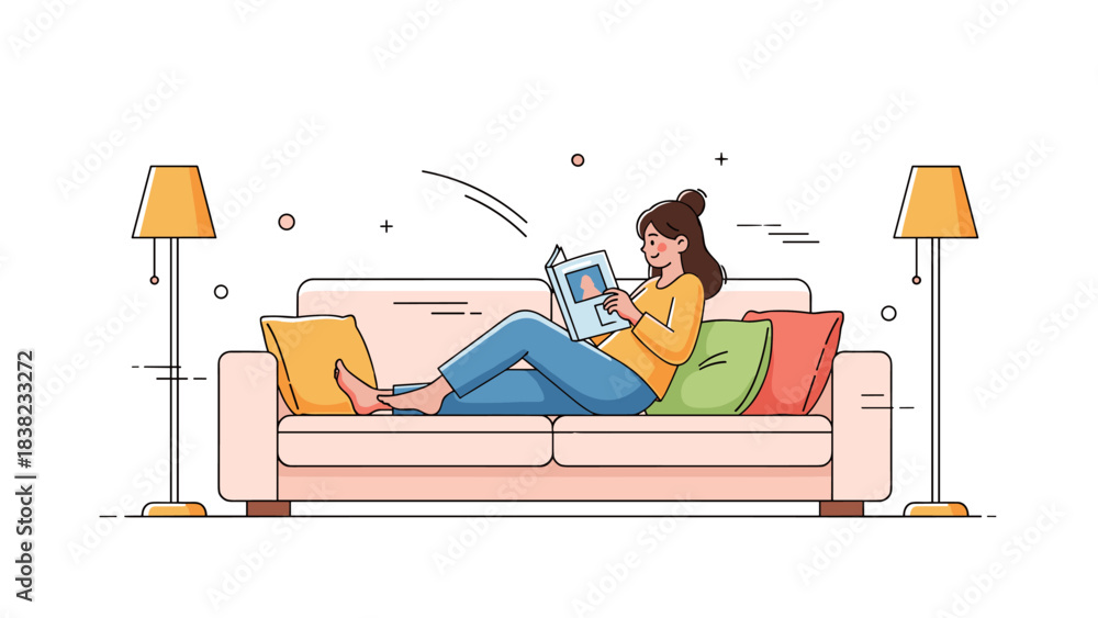Obraz premium Young caucasian female relaxing on sofa reading book in cozy living room setting