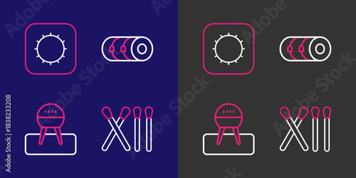 Set line Match stick, Barbecue grill, Blanket roll and Sun icon. Vector