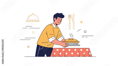 Young caucasian male baking pie in kitchen with simple decor