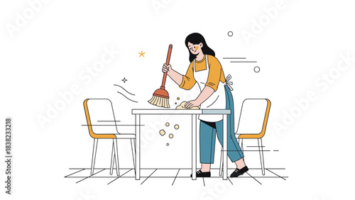 Asian young female cleaning table with broom in kitchen setting