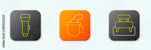Set line Flashlight, Cup of tea and Bench icon. Vector