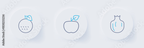 Set line Pomegranate, Apple and Orange fruit icon. Vector