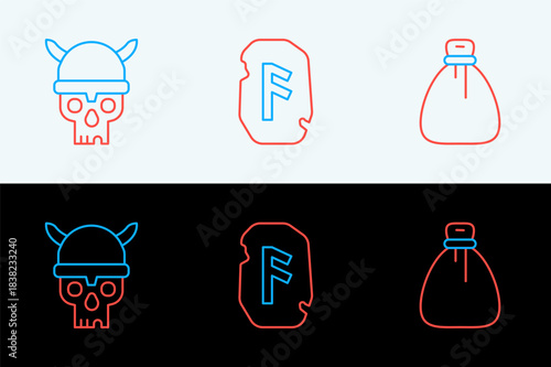 Set line Old money bag, Skull with viking helmet and Magic rune icon. Vector