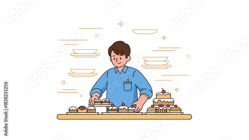 Young caucasian male baking desserts with cakes and cupcakes in a kitchen