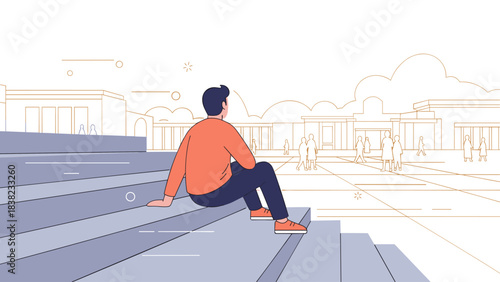 Young asian male relaxing on steps in public square with minimalist design