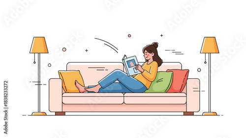 Young caucasian female relaxing on sofa reading book in cozy living room setting