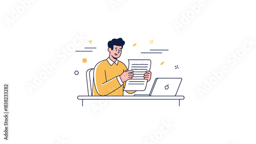 Young caucasian male working on documents at laptop desk