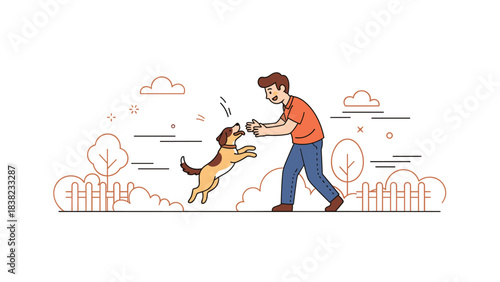 Happy moment: young caucasian male playing with dog in park
