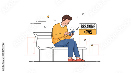 Young caucasian male reading breaking news on smartphone while seated on park bench