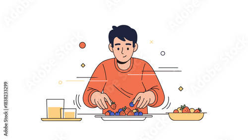 Young asian male preparing healthy fruit salad with berries at home