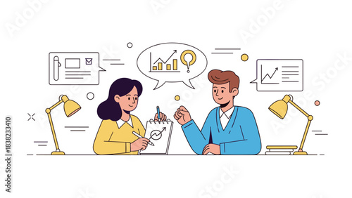 Young caucasian adult male and female analyzing business growth at desk