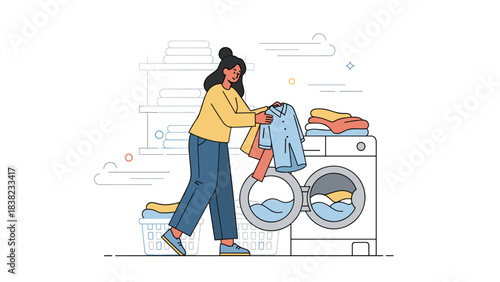 Young hispanic female doing laundry at home with washing machine and clothes baskets