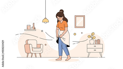 Female character tying apron in stylish living room with modern decor and cozy ambiance
