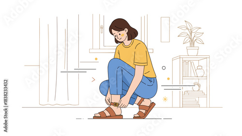 Young caucasian female tying sandals in cozy home interior