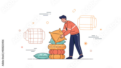 Young male stacking pillows illustration: cozy home decor scene