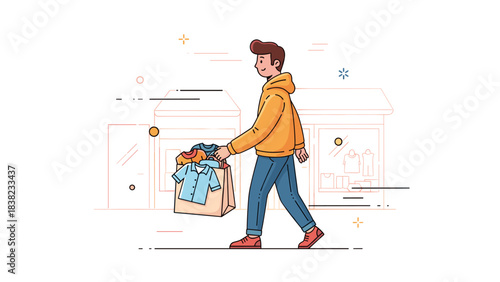 Young caucasian male shopping with bag of clothes in urban environment