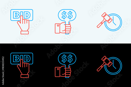 Set line Auction hammer, Bid and Hand holding auction paddle icon. Vector