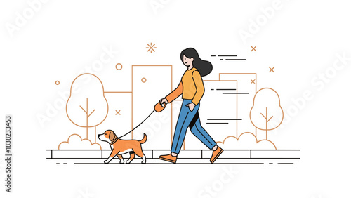 Young caucasian female walking dog in urban park with minimalist design