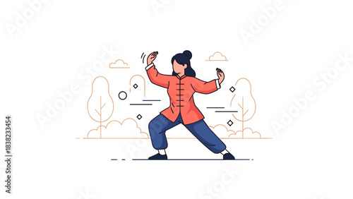 Asian female practicing tai chi in traditional attire outdoors