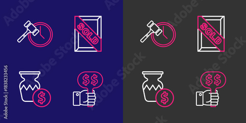 Set line Hand holding auction paddle, Auction ancient vase, painting sold and hammer icon. Vector