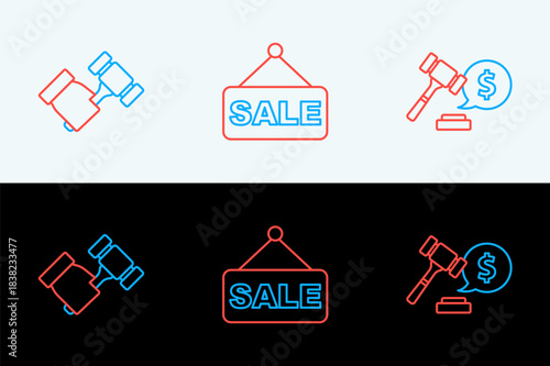 Set line Auction hammer price, and Price tag with Sale icon. Vector
