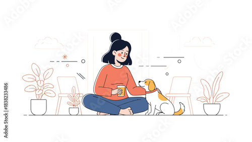 Asian female relaxing at home with dog and coffee in cozy living room