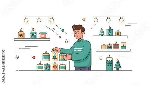 Young caucasian male decorating christmas candles in festive room with warm lighting