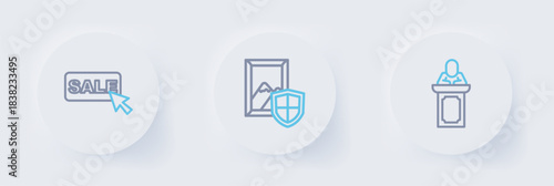 Set line Auction auctioneer sells, Price tag with Sale and icon. Vector