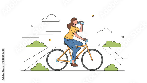 Young caucasian female riding bicycle outdoors hydrating on a sunny day