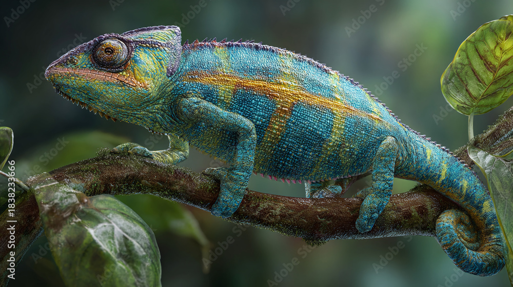 Fototapeta premium A vibrant chameleon perched on a tree branch, showcasing its remarkable camouflage