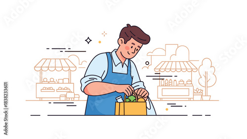Young caucasian male worker packing groceries at market stall illustration