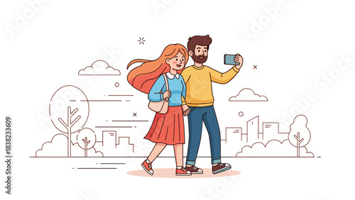 Young caucasian couple taking selfie outdoors in urban park setting