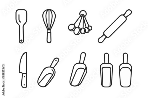 Black outline icons depicting various baking and cooking utensils