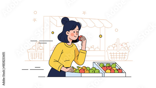 Young asian female choosing apples at fruit market