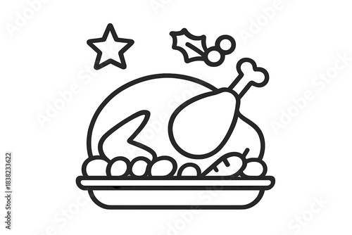 Roasted poultry dish with festive holiday garnish outline icon