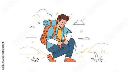 Young caucasian male hiker tying shoe in outdoor adventure scene