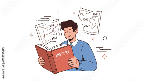 Young adult caucasian male reading history book with historical maps