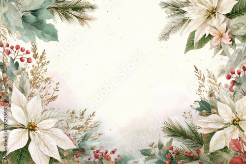 Elegant vintage christmas floral border with white poinsettias and festive greenery for holiday greetings