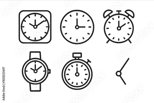 Set of various clock and time measurement icons in simple outline style