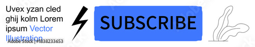 Email subscriptions, notifications, digital marketing, online engagement, social media prompts, website design. Blue subscribe button with lightning bolt and abstract graphic. Email subscriptions