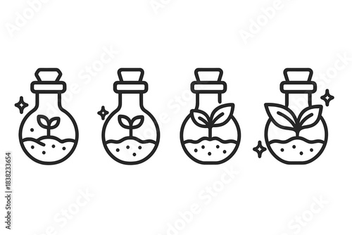 Set of four laboratory flasks showing plant growth stages icon progression