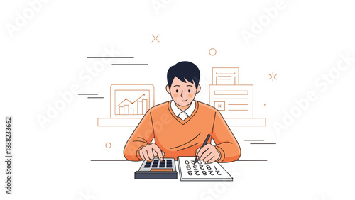 Young asian male accountant calculating finances with calculator and documents